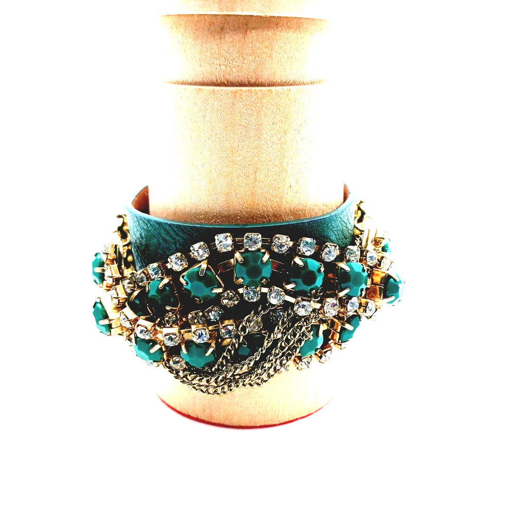 Jewelry Leather Crystal Bracelet Guang Tong Green Gold Tone Mob Wife Adjustable